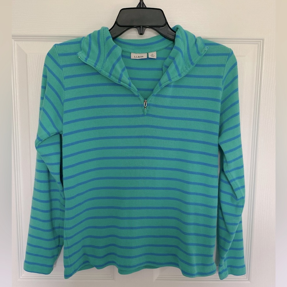 L.L.Bean Striped Women’s Green and Blue Sweater Quarter Zip size Small